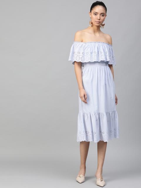 DOROTHY PERKINS Women Blue Smocked Schiffli Embroidered Off-Sholuder Fit and Flare Dress
DOROTHY PERKINS Women Blue Smocked Schiffli Embroidered Off-Sholuder Fit and Flare Dress