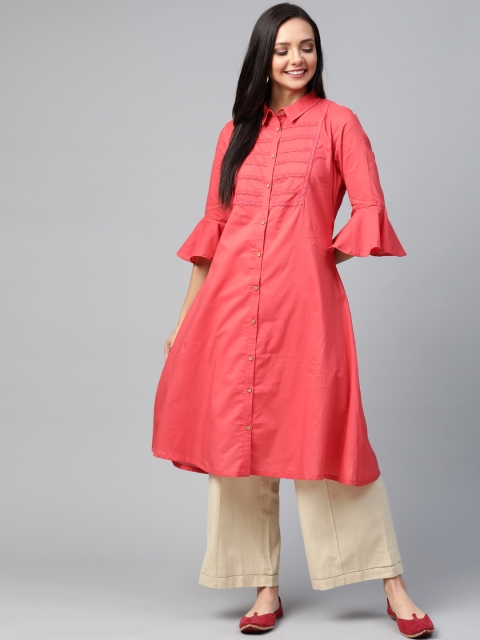 HERE&NOW Women Coral Pink Lace Detail A-Line Kurta