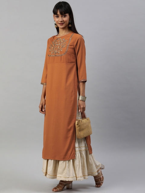 Anouk Women Rust Brown Embroidered Straight Kurta