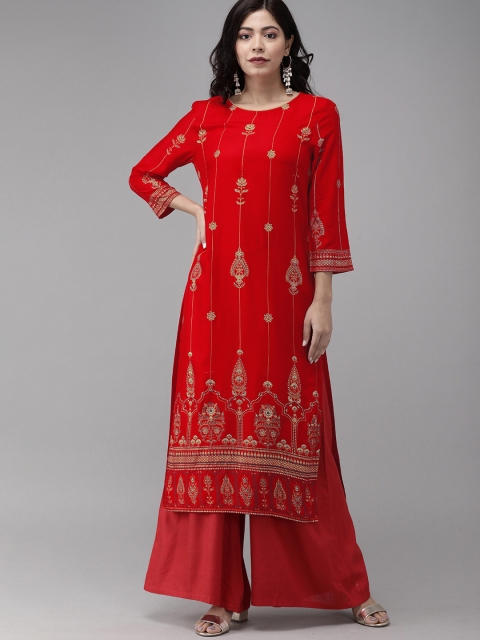 Anouk Women Red & Gold-Coloured Printed Straight Kurta