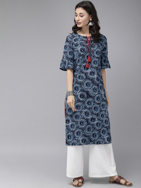 Anouk Women Navy Blue & White Printed Straight Kurta 
Anouk Women Navy Blue & White Printed Straight Kurta