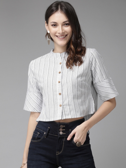 Anouk Women White & Black Striped Regular Crop Top