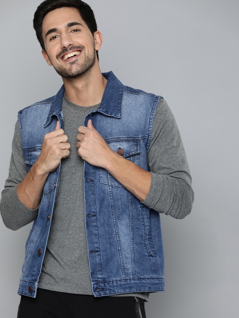 HERE&NOW Men Blue Solid Denim Jacket