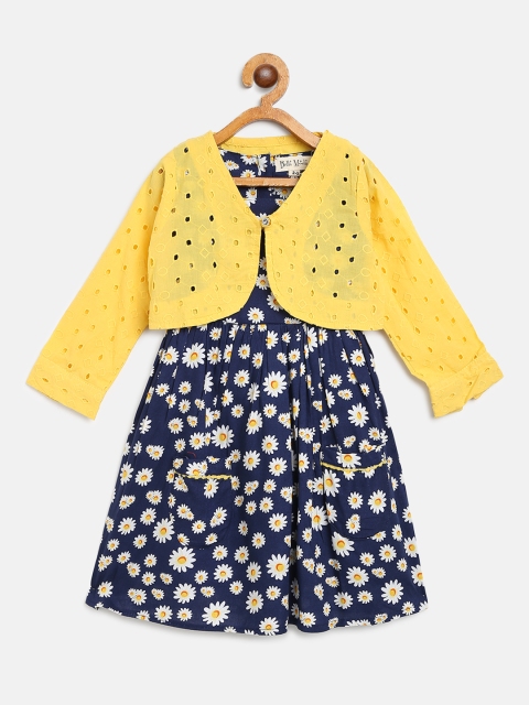 Bella Moda Girls Navy Blue & Yellow Floral Print A-Line Dress with Shrug