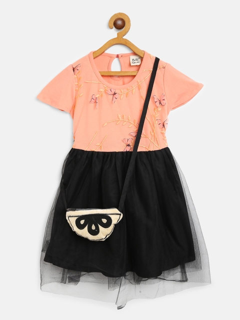 Bella Moda Girls Peach-Coloured & Black Net Colourblocked Fit & Flare Dress with Sling bag
Bella Moda Girls Peach-Coloured & Black Net Colourblocked Fit & Flare Dress with Sling bag