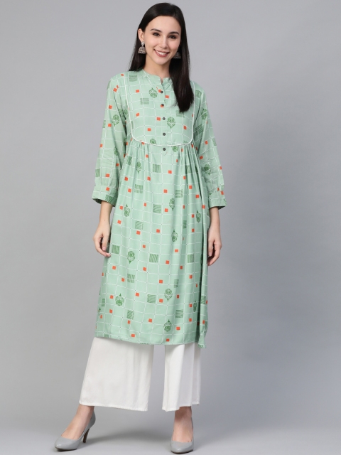 Anubhutee Women Green & White Printed A-Line Kurta