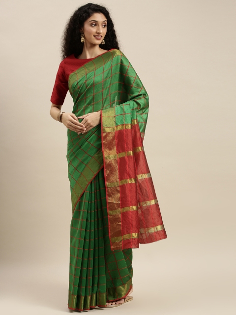 KALINI Green & Red Poly Georgette Checked Saree