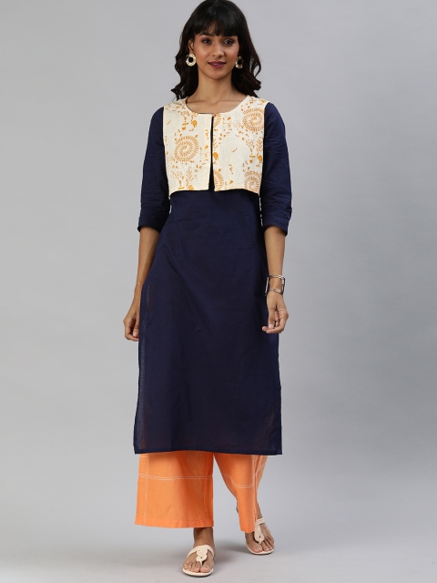 Anouk Women Navy Blue & Off-White Solid Straight Cotton-Linen Kurta with Ethnic Jacket
Anouk Women Navy Blue & Off-White Solid Straight Cotton-Linen Kurta with Ethnic Jacket