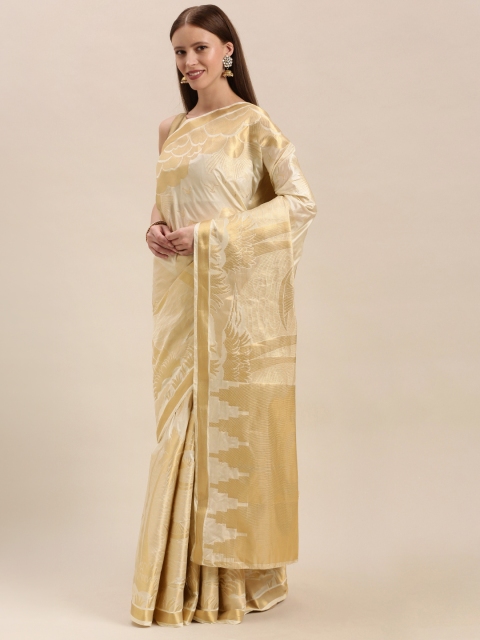 MIMOSA Cream-Coloured & Gold-Toned Art Silk Woven Design Kasavu Saree