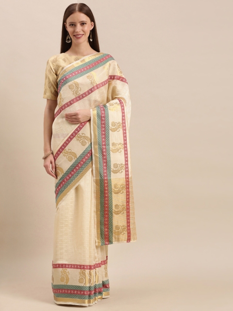 MIMOSA Cream-Coloured & Gold-Toned Art Silk Woven Design Kasavu Saree