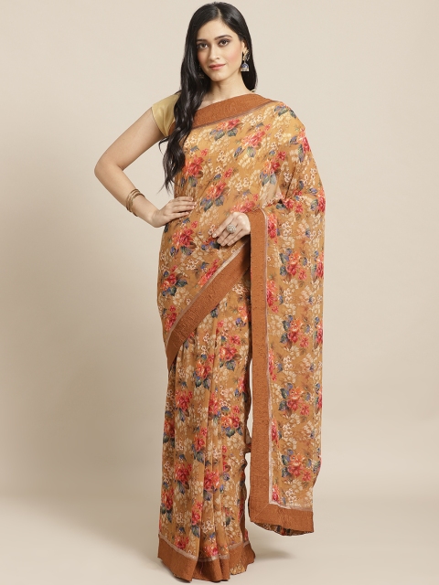Vishal Prints Brown & Coral Pink Floral Print Saree