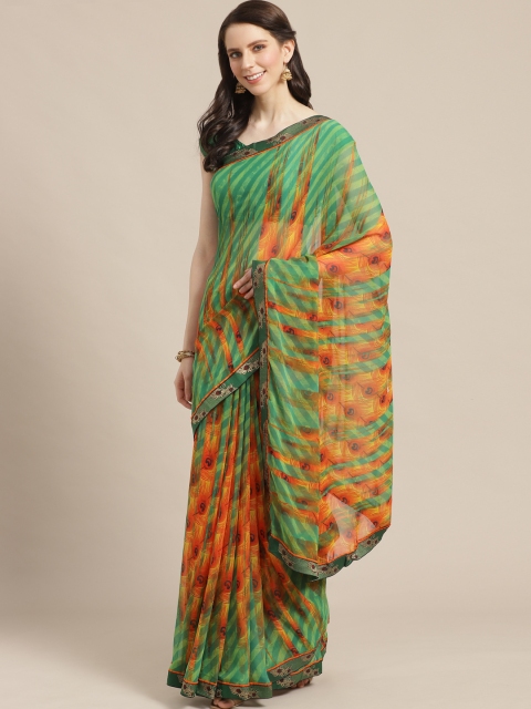 Mitera Green & Orange Printed Saree