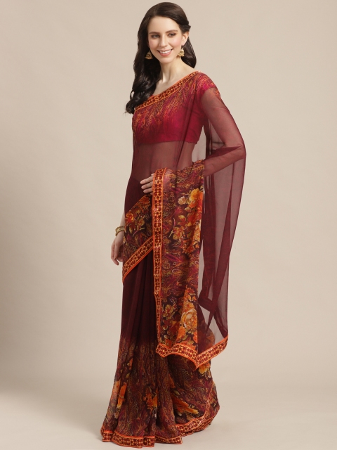 Mitera Maroon & Mustard Yellow Floral Printed Saree