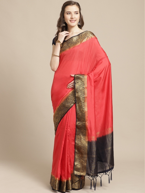 Nanda Silk Mills Coral Pink & Navy Blue Solid Mysore Silk Saree