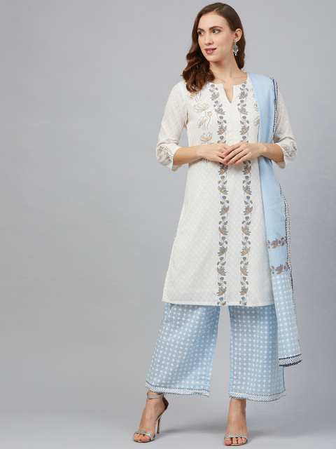 Biba Women Off-White & Blue Printed Kurta with Palazzos & Dupatta 
Biba Women Off-White & Blue Printed Kurta with Palazzos & Dupatta