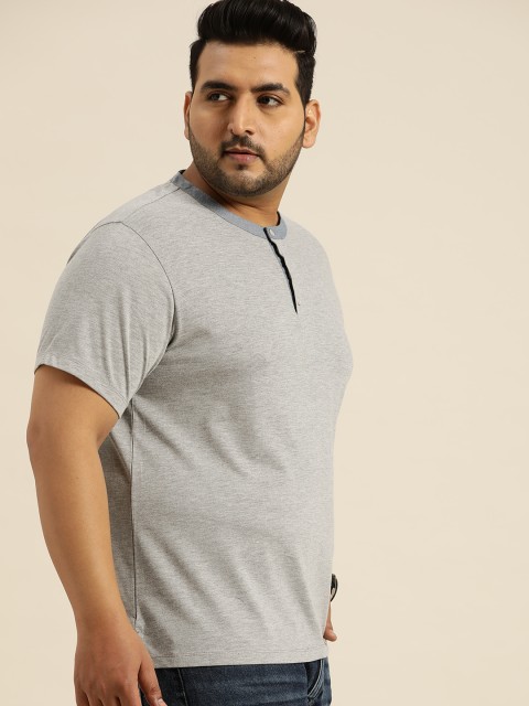 Sztori Men Grey Melange Plus Size Solid Henley Neck T-shirt