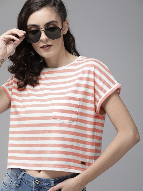 Roadster Women Pink Striped Round Neck T-shirt