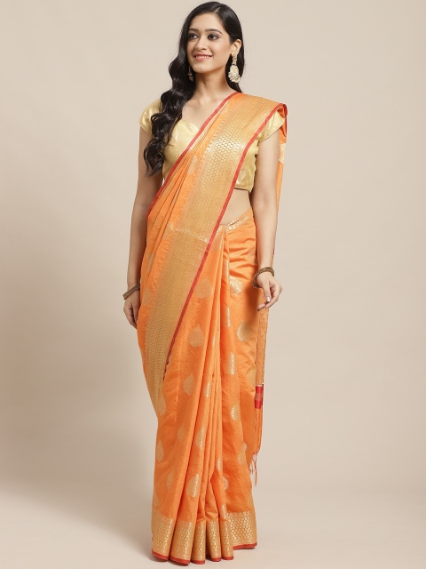 swatika Orange & Golden Handloom Woven Design Banarasi Saree