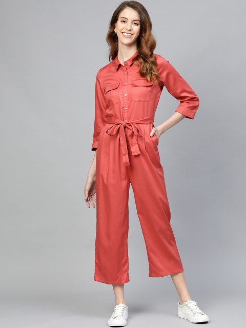Mast & Harbour Women Coral Pink Solid Basic Cropped Jumpsuit