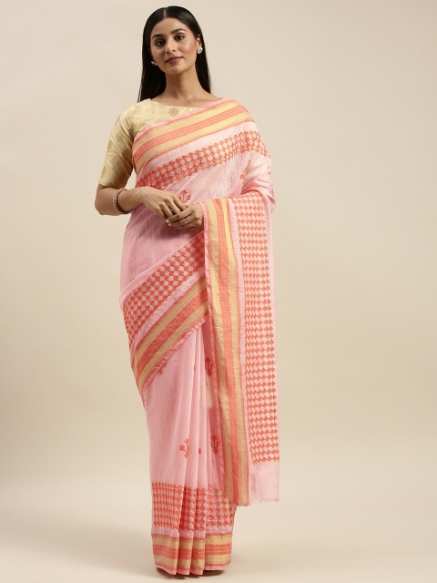 KALINI Pink & Orange Embroidered Linen Blend Saree