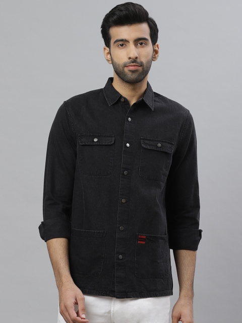 Bhaane Men Black Regular Fit Solid Casual Cargo Denim Shacket