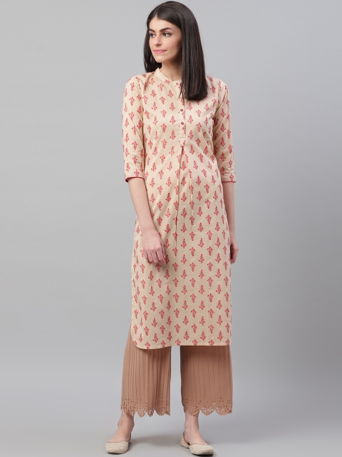 AHIKA Women Beige & Red Printed Straight Kurta