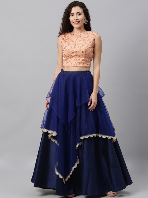 Bollywood Vogue Peach-Coloured & Navy Blue Embroidered Made to Measure Lehenga with Blouse
Bollywood Vogue Peach-Coloured & Navy Blue Embroidered Made to Measure Lehenga with Blouse