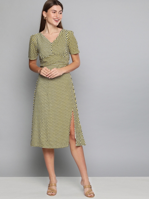 HERE&NOW Women Mustard Yellow & White Printed A-Line Dress