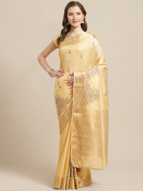 Shaily Cream-Coloured & Golden Zari Embroidered Saree