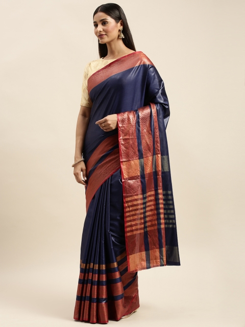 KALINI Navy Blue & Red Poly Silk Jacquard Solid Saree