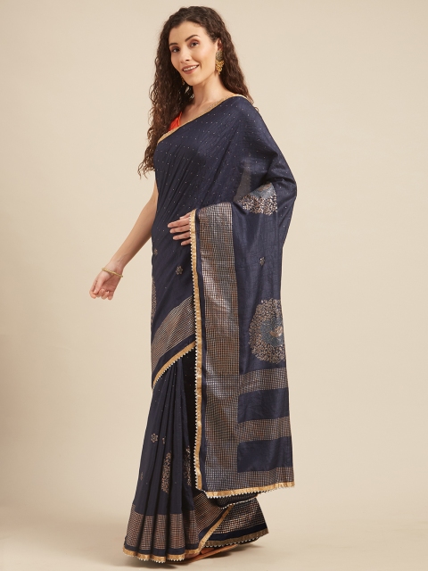 Tikhi Imli Navy Blue & Gold-Coloured Poly Crepe Printed Saree