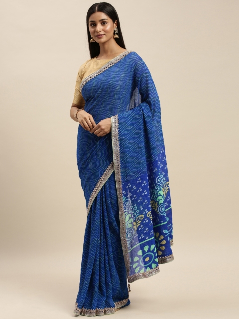 Mitera Blue & Green Poly Georgette Striped Saree