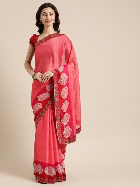 Mitera Pink Striped Pure Chiffon Saree