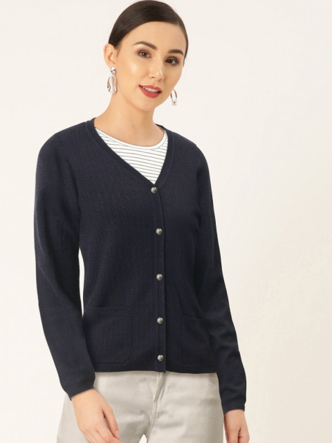 Madame Women Navy Blue Self Design Cardigan