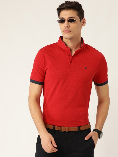 United Colors of Benetton Men Red Solid Mandarin Collar T-shirt