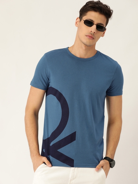 United Colors of Benetton Men Teal Blue Printed Round Neck T-shirt