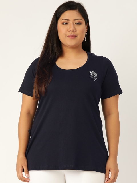 Revolution Women Navy Blue Solid Round Neck Plus Size Pure Cotton T-shirt