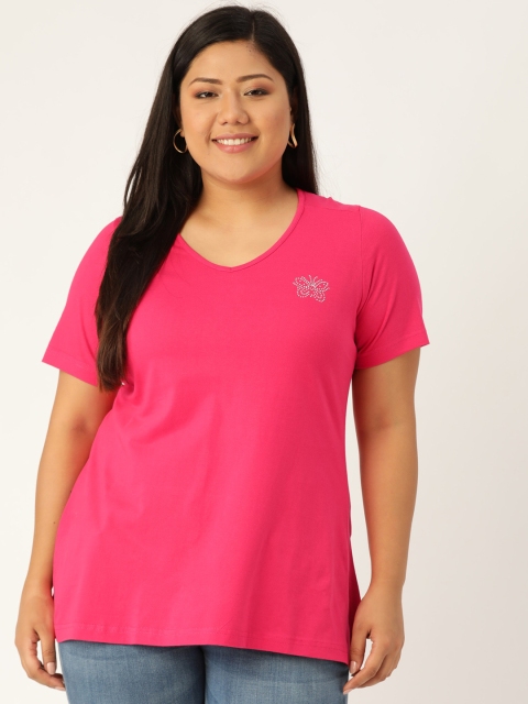 Revolution Women Pink Solid V-Neck Plus Size Pure Cotton T-shirt