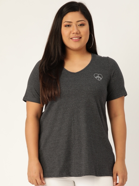 Revolution Women Charcoal Grey Solid V-Neck Pure Cotton T-shirt
