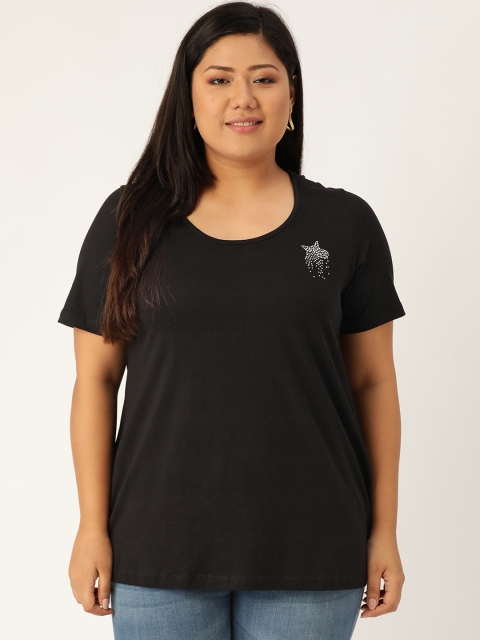 Revolution Women Black Solid Round Neck Plus Size Pure Cotton T-shirt
