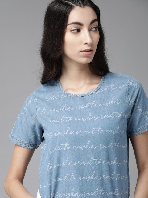 Roadster Women Blue Grey Typography Print Woven Round Neck Denim Pure Cotton T-shirt
Roadster Women Blue Grey Typography Print Woven Round Neck Denim Pure Cotton T-shirt