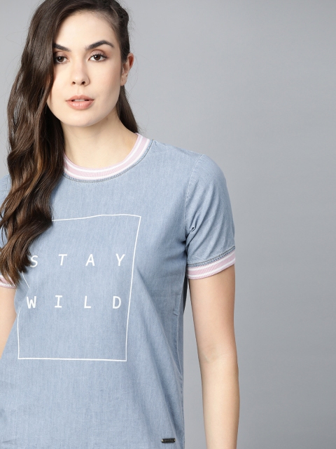 Roadster Women Blue Pure Cotton Typography Printed Denim Pure Cotton T-shirt