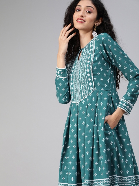 Inddus Women Teal Blue & White Printed A-Line Dress