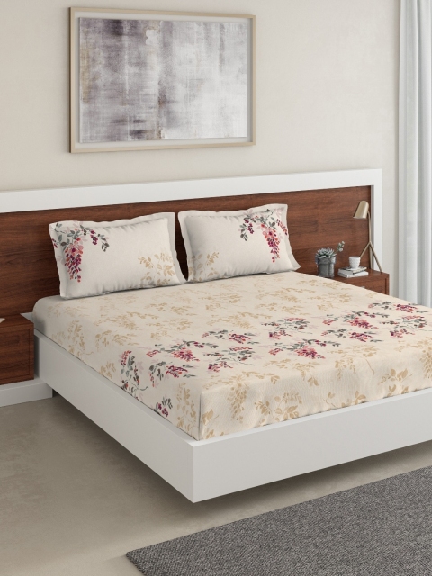 DDecor Beige Floral 150 TC Cotton 1 King Bedsheet with 2 Pillow Covers