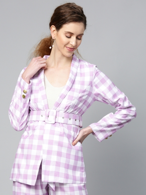 SASSAFRAS Women Lavender & White Slim Checked Single-Breasted Front Open Blazer With Belt
SASSAFRAS Women Lavender & White Slim Checked Single-Breasted Front Open Blazer With Belt