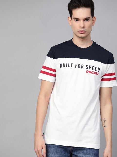 Ducati Men White & Navy Blue Colourblocked Round Neck T-shirt with Typography Print Detail
Ducati Men White & Navy Blue Colourblocked Round Neck T-shirt with Typography Print Detail