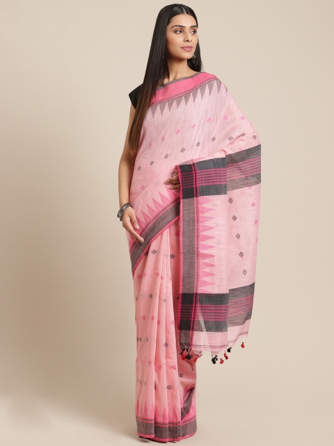 Laa Calcutta Pink & Black Woven Design Taant Saree