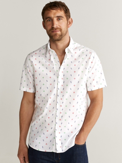 MANGO MAN White & Blue Regular Fit Geometric Printed Casual Shirt