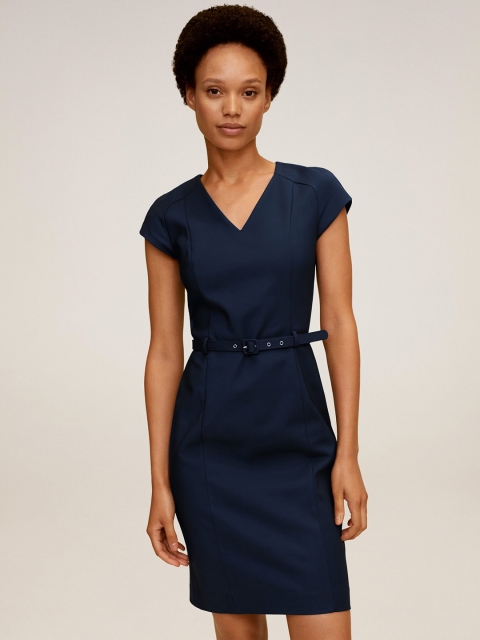 MANGO Women Navy Blue Solid Sheath Dress