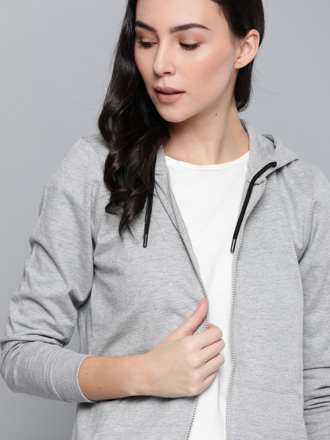 Harvard Women Grey Melange Solid Hooded Sweatshirt